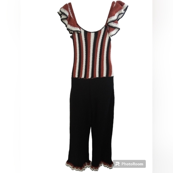 Zara Limited Edition Rust White Black Crocheted Ruffles Trim Striped Jum… - Picture 9 of 9